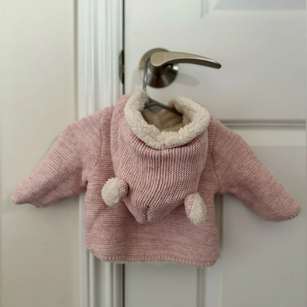 🩷 Baby Gap Pink Sherpa Lined Hooded Jacket with Bear Ears, Size 0-3 Months 🐻